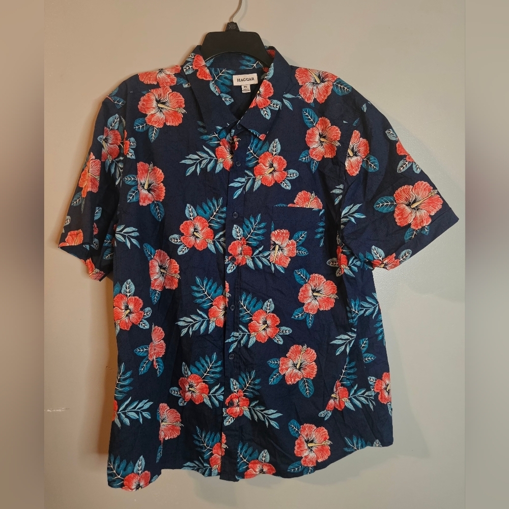 💛Haggar Button Up‎ Shirt Mens XXL Blue Floral Hawaiian Sleeve Cotton Casual💚